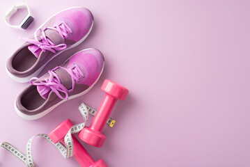 Fitness gear including pink sneakers, dumbbells, measuring tape and smartwatch on a matching pink background