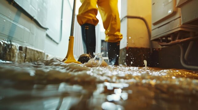 Taking out floodwater in a basement or electrical room after a leak. Concept Flooded Basement, Leaking Pipes, Electrical Hazards, Emergency Restoration