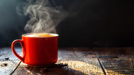 Red cup with hot steaming coffee on wooden table  - Powered by Adobe
