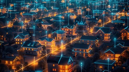 The Smart Home Digital Community Neighborhood in a Suburban Area - Night View with Interconnected Houses and Data Transmissions, IoT Concept Image