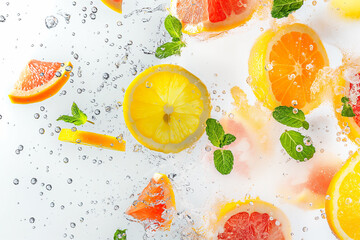 水に落ちるレモンとオレンジとミントのフレーバーウォーターのイメージ