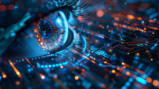 Futuristic cybersecurity concept: cybernetic eye monitoring for vulnerabilities within a network interface.