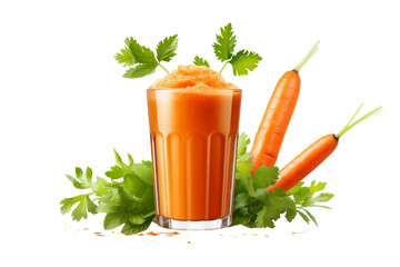 A Symphony of Carrots: Carrot Juice Elixir in Glass Amidst a Carrot Garden on a Clear PNG or White Background.
