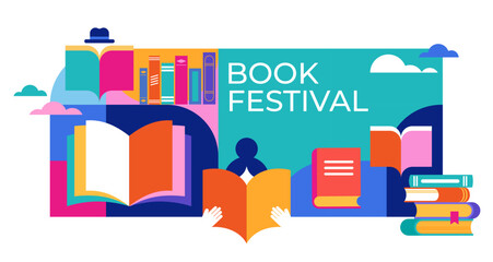 Book festival, books sale, back to school concept design. Colorful vector design and illustrations