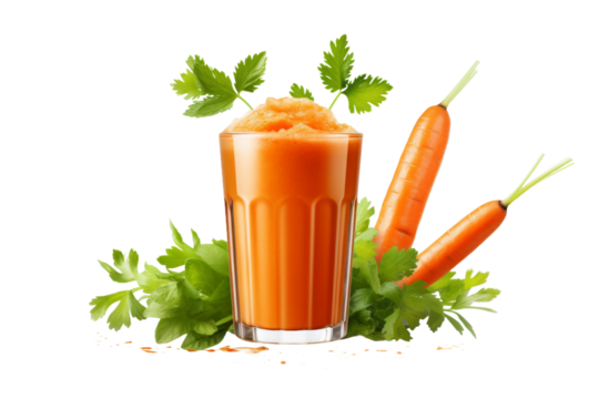 A Symphony of Carrots: Carrot Juice Elixir in Glass Amidst a Carrot Garden on a Clear PNG or White Background.