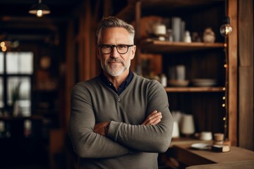 Obraz premium Portrait of a glad man in his 50s with arms crossed while standing against scandinavian-style interior background