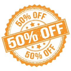 50% OFF text on orange round stamp sign