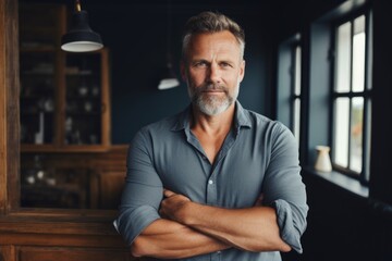 Fototapeta premium Portrait of a glad man in his 50s with arms crossed in scandinavian-style interior background