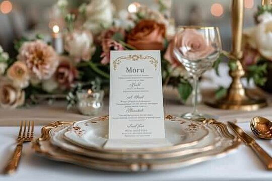 A table with a white plate and a white napkin with a menu on it