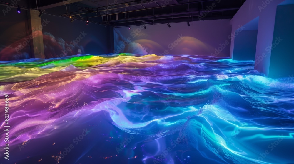 Poster an artistic wave pool with multicolored waves syncs with music, creating a mesmerizing experience.