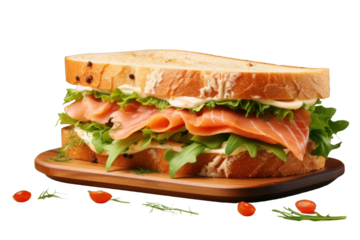 Culinary Artistry: Halved Sandwich on Wooden Cutting Board on a Clear PNG or White Background.
