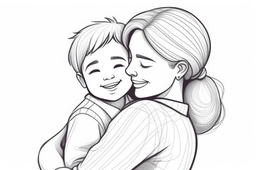 Close up of mom hugs her son on solid white background