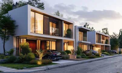 Residential modern modular townhouse with minimalist architecture and stunning exteriors