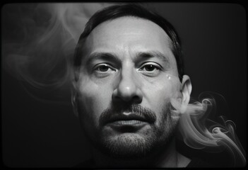 Fototapeta premium face of a man with a beard in the house black and white photo