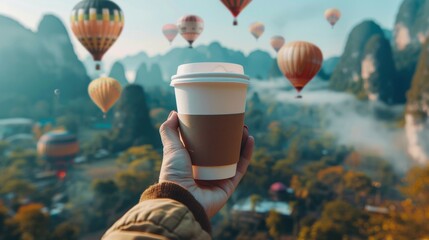 A person is holding a cup of coffee in front of a beautiful landscape with many