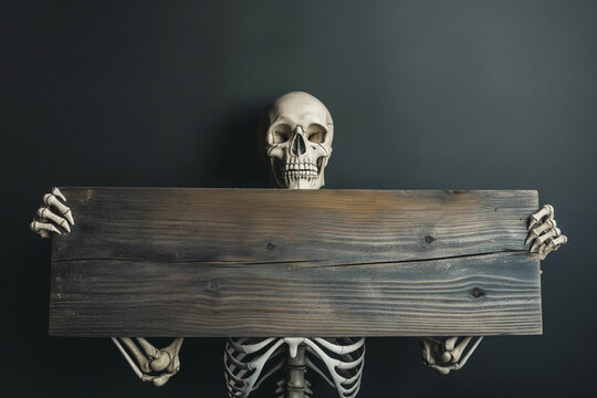 Halloween, photo of a skeleton on a dark background holding a wooden board, Halloween theme, banner