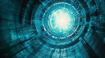 A blue, circular room with a bright light shining through the center. The room is filled with wires and machinery