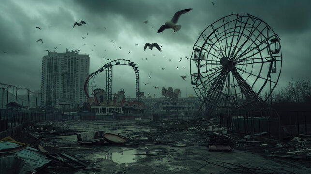Post apocalyptic background image of desert city wasteland with abandoned and destroyed buildings, cracked road and sign.