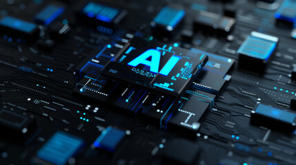 a close-up of a glowing computer chip with the letters "AI" prominently displayed on it.  intricate circuits, illuminated with vibrant neon lights in shades of blue, artificial intelligence