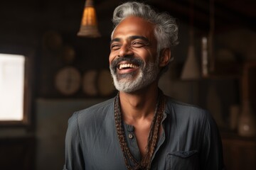 Obraz premium Portrait of a joyful indian man in his 50s laughing on scandinavian-style interior background