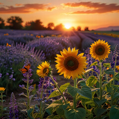 Fototapeta premium Gentle hands, adorned with painted nails, cradle a bouquet of vibrant purple flowers, a delicate yellow butterfly perched on top