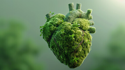 a heart covered in green moss, symbolizing a connection between health and nature or eco-friendly concepts. The mossy heart stands out against a muted green background, emphasizing its natural texture