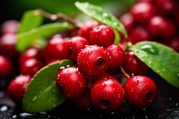Ripe garden cranberries on garden.  Bokeh background with selective focus and copy space