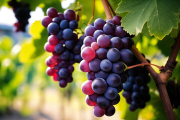 Bunch of Grapes Hanging From Vine. Blurred background with copy space