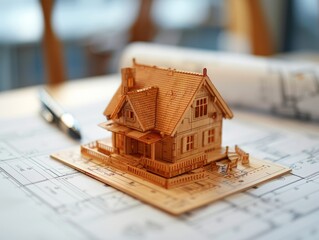 A model house sits on top of a blueprint. Real Estate concept