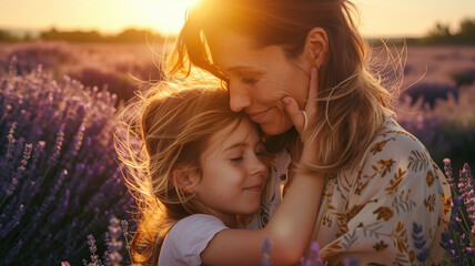 Mother and daughter lovingly at each other against a serene lavender backdrop