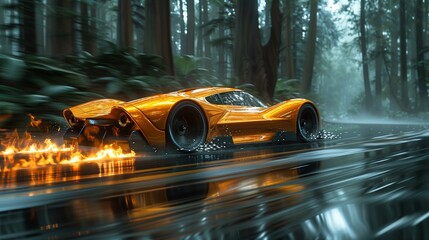 A blazing golden sports car speeding through a misty forest road, flames trailing behind with a...