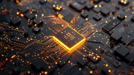 Obraz premium close-up of a computer microchip on a circuit board, with glowing orange lights indicating data flow and activity. The scene highlights advanced technology and electronics