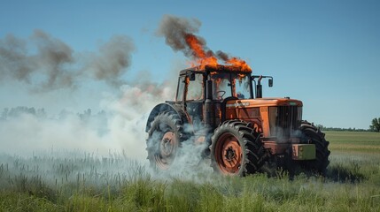 A burnt orange tractor on fire, moving quickly through a green field, smoke billowing into the clear blue sky