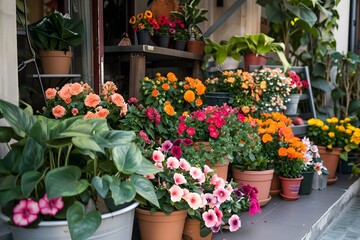 Lots of blooming summer flowers in pots on the terrace