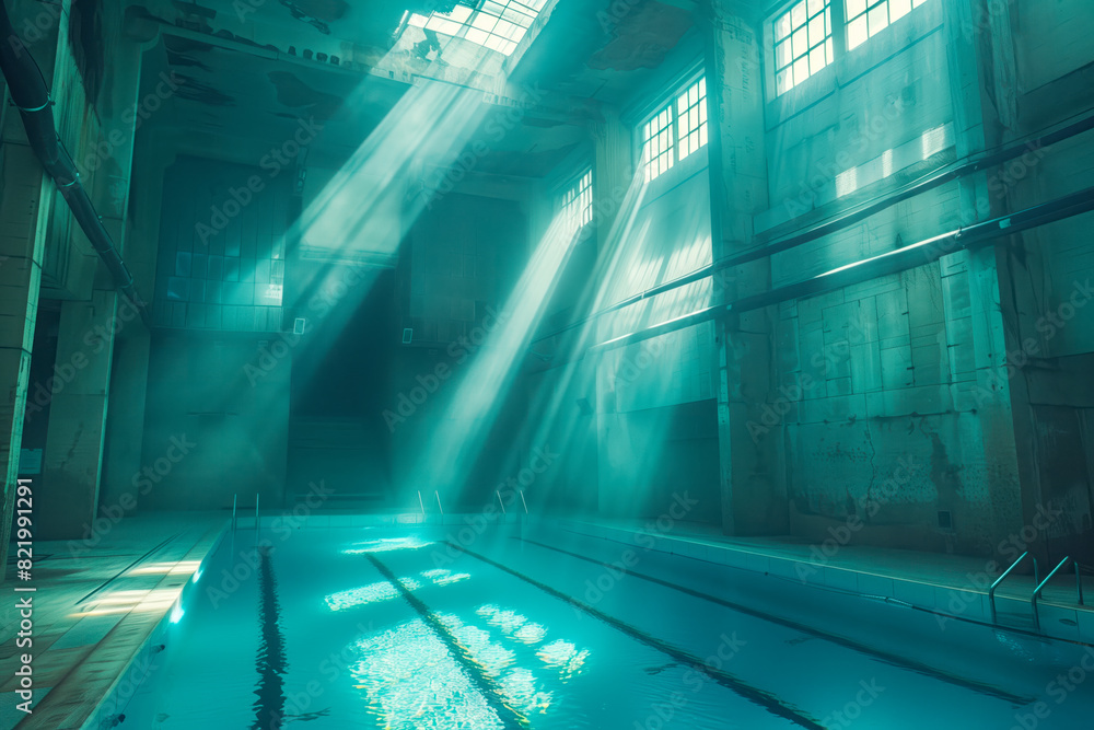 Wall mural spacious indoor swimming pool illuminated by natural sunlight beams, creating a serene and reflectiv