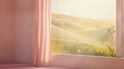 A picturesque pink field in full bloom, serene and vibrant under the sun's warm glow.