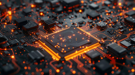 Obraz premium close-up of a computer microchip on a circuit board, with glowing orange lights indicating data flow and activity. The scene highlights advanced technology and electronics