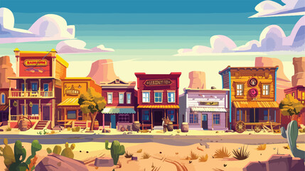 Wild west town street with old cowboy saloon building