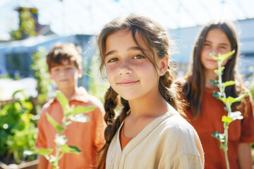 Sustainability focused generation alpha. School children participating in a rooftop garden education project. Teenage girl wearing in beige linen shirt surrounded her friends.