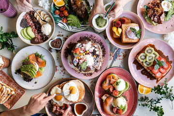 Brunch Choice Crowd Food Concept. Family breakfast or brunch served on a table. Aerial view .