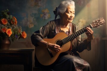 Obraz premium Portrait of a tender asian woman in her 80s playing the guitar on scandinavian-style interior background