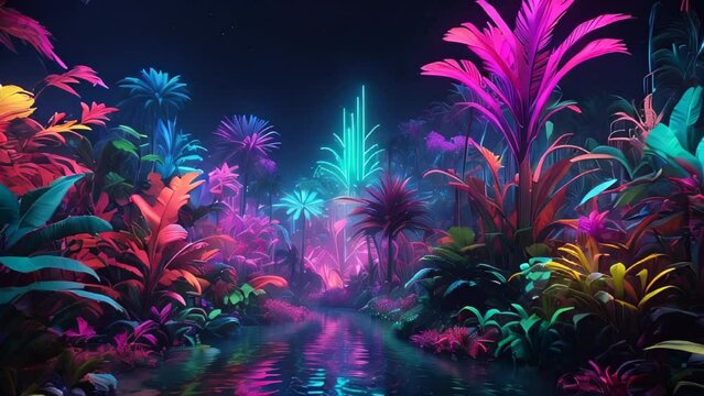 Neon-lit tropical forest with vivid-colored plants in a surreal, nighttime fantasy setting, showcasing a serene, glowing paradise
