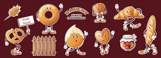 Fancy mascots of bread and confectionery with funny bakery-themed expressions.Groovy style stickers.