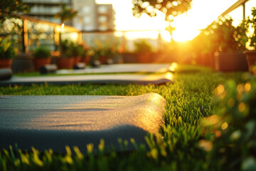 A tranquil yoga setting atop a city building, surrounded by verdant rooftop garden elements, offering a peaceful urban retreat