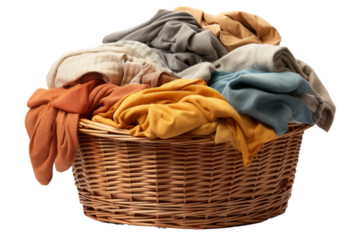 A Basket of Whimsy: A Wicker Haven for Forgotten Garments on a Clear PNG or White Background.
