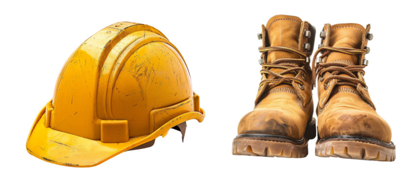 Hard hat work boots cutout on transparent background symbolize concept blue-collar work