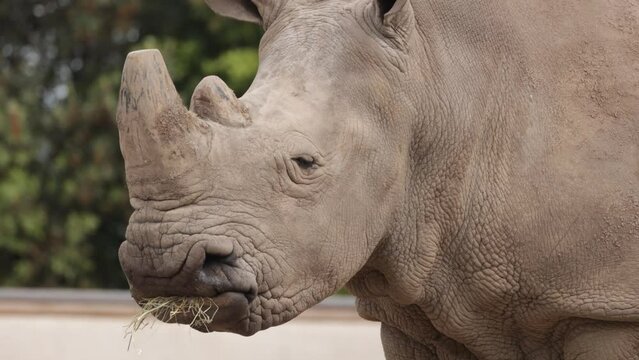  rhinoc&eacute;ros en train de manger, en gros plan.
