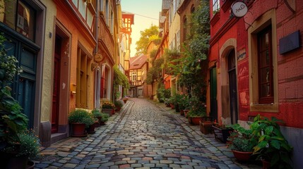 A cobblestone street in an old European town.