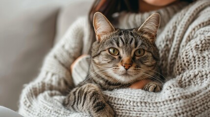 Adorable feline showing affection while snuggling with its owner on the comfortable living room sofa
