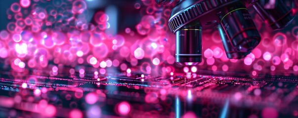 A microscope observing an electronic circuit, surrounded by pink glowing bokeh, blending technology and scientific research in a vibrant scene.